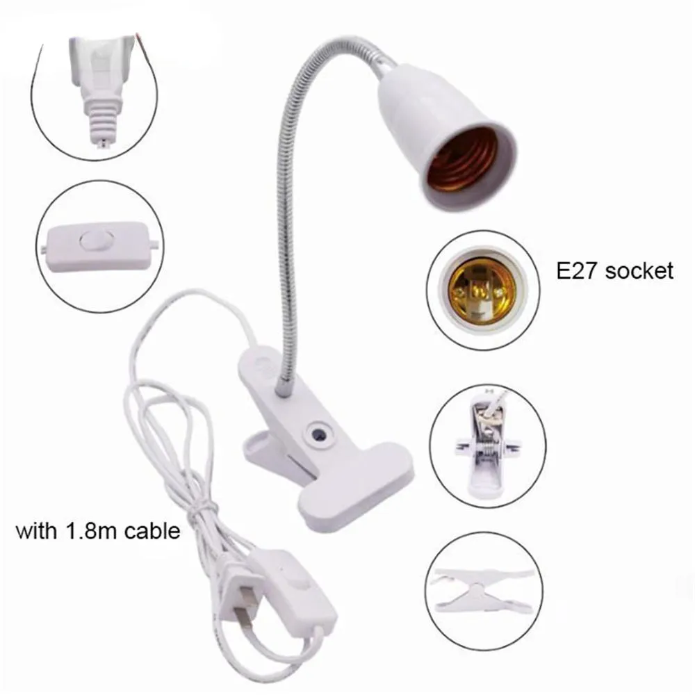 360 Degrees Flexible Desk Lamp Holder E27 Base Light Socket Gooseneck Clip-On Cable With On Off Switch for Home Plant