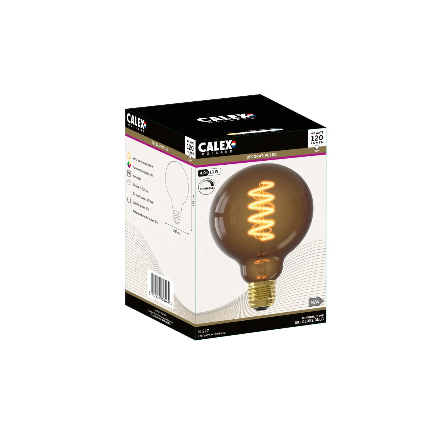 Calex Spiral Filament LED Lamp - E27 - G125 - Natural - 4W - Dimmable