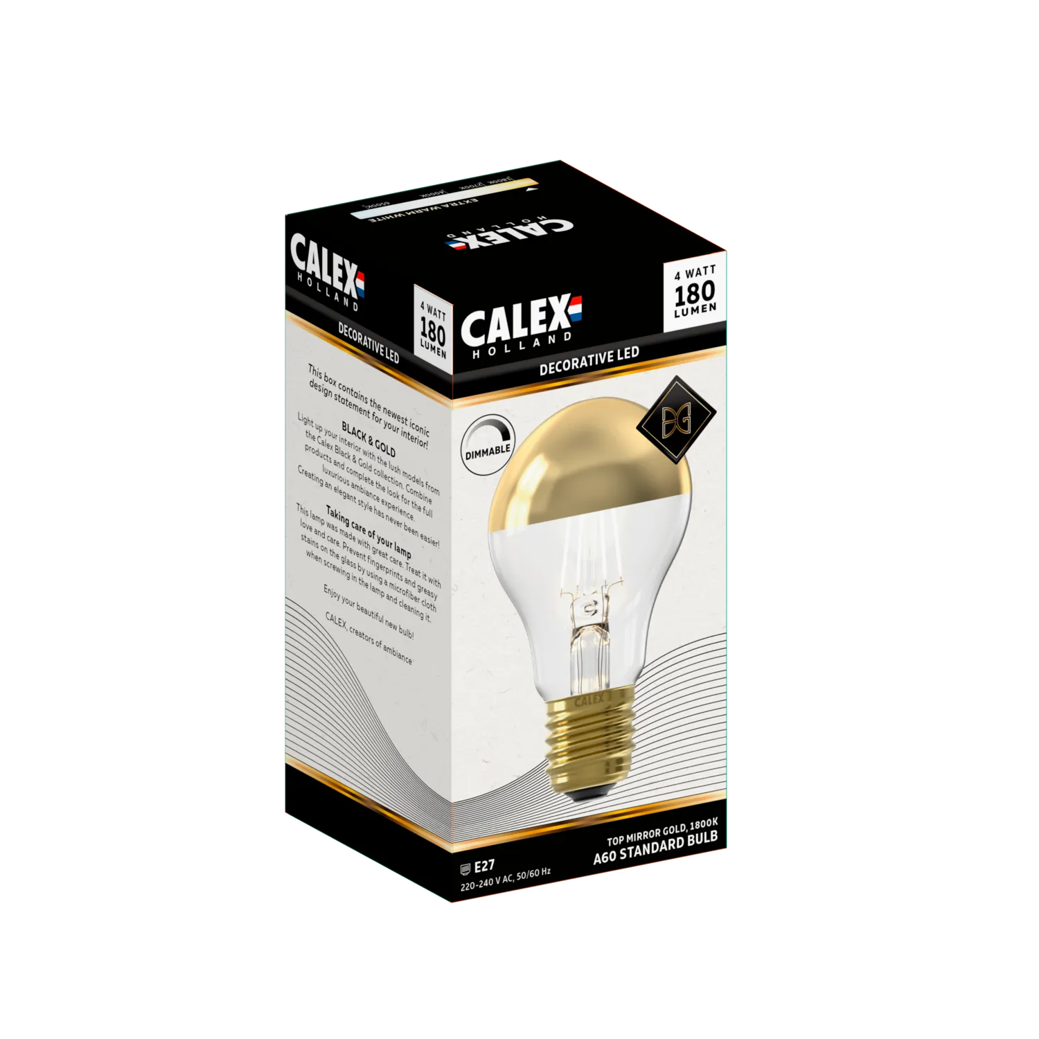 Calex Top Mirror Filament LED Lamp - E27 - A60 - Gold - 4W - Dimmable