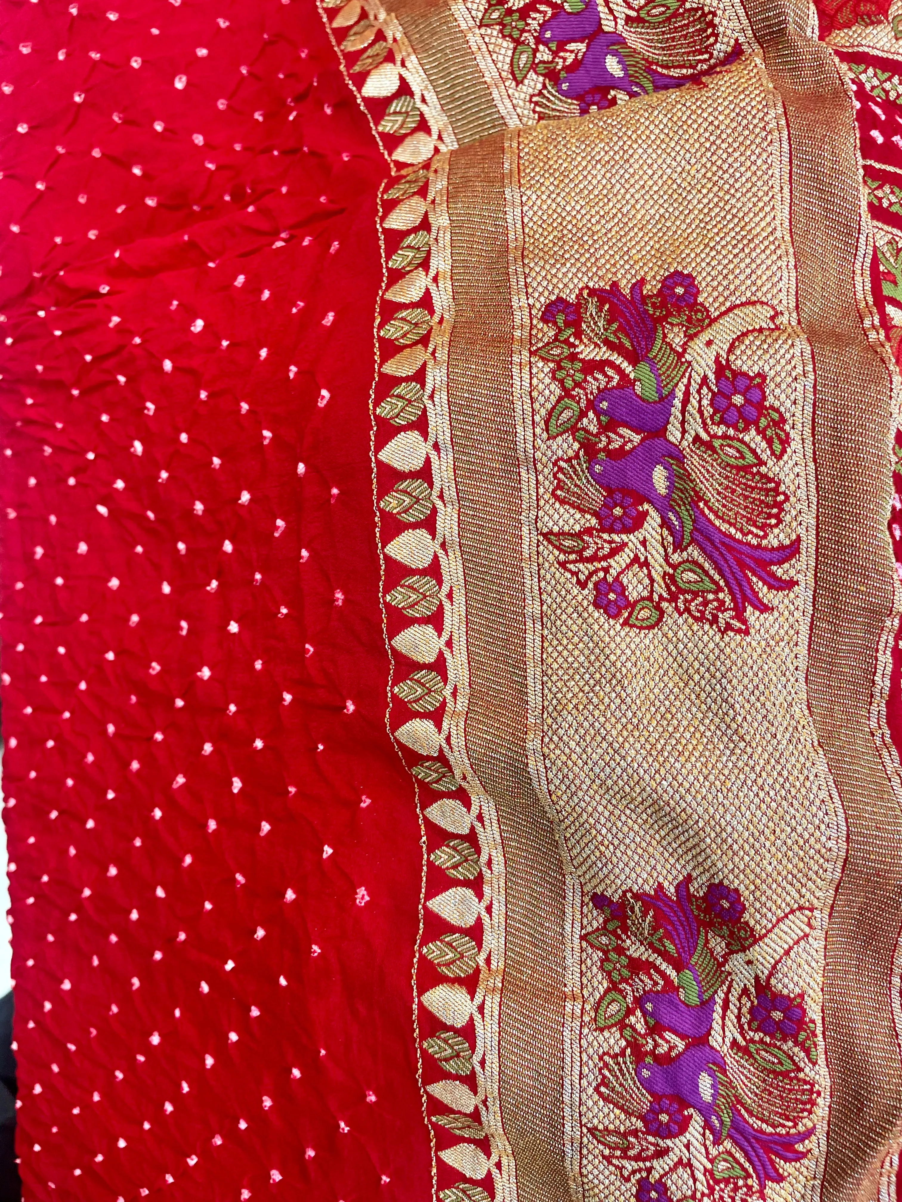 Handwoven Pure Bandhani Banarasi Red Saree Blouse