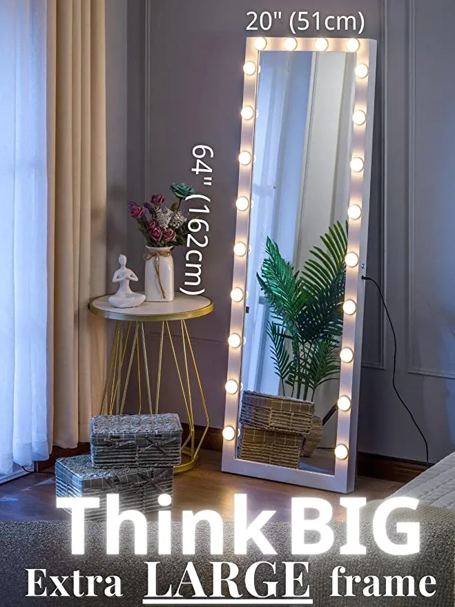 Large Full-Length Floor Mirror with Lights for Bedroom White