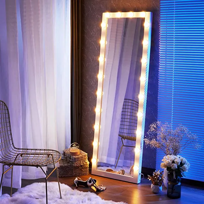 Large Full-Length Floor Mirror with Lights for Bedroom White