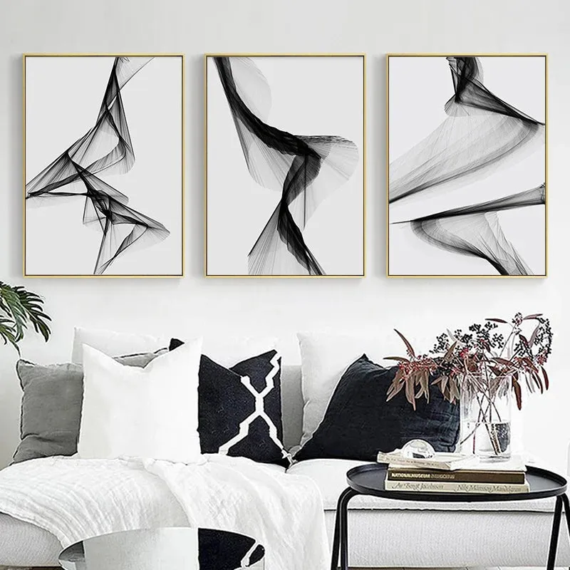 Modern Abstract Minimalist Geometric Flowing Lines Wall Art Fine Art Canvas Prints Black White Pictures For Modern Apartment Living Room Decor