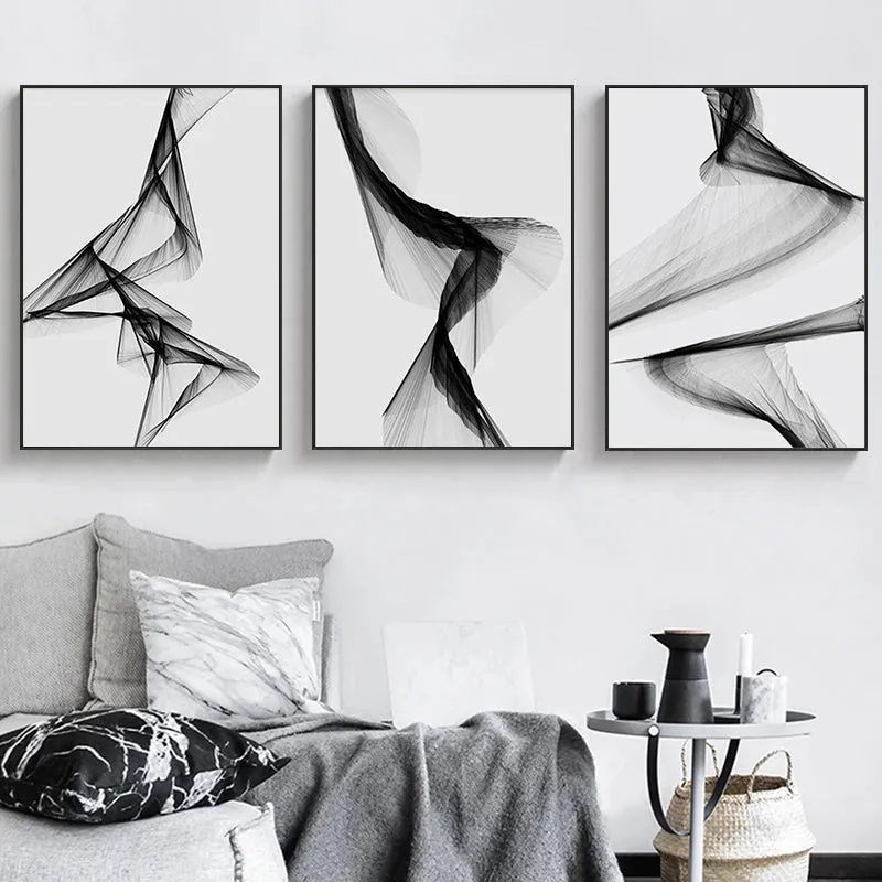 Modern Abstract Minimalist Geometric Flowing Lines Wall Art Fine Art Canvas Prints Black White Pictures For Modern Apartment Living Room Decor