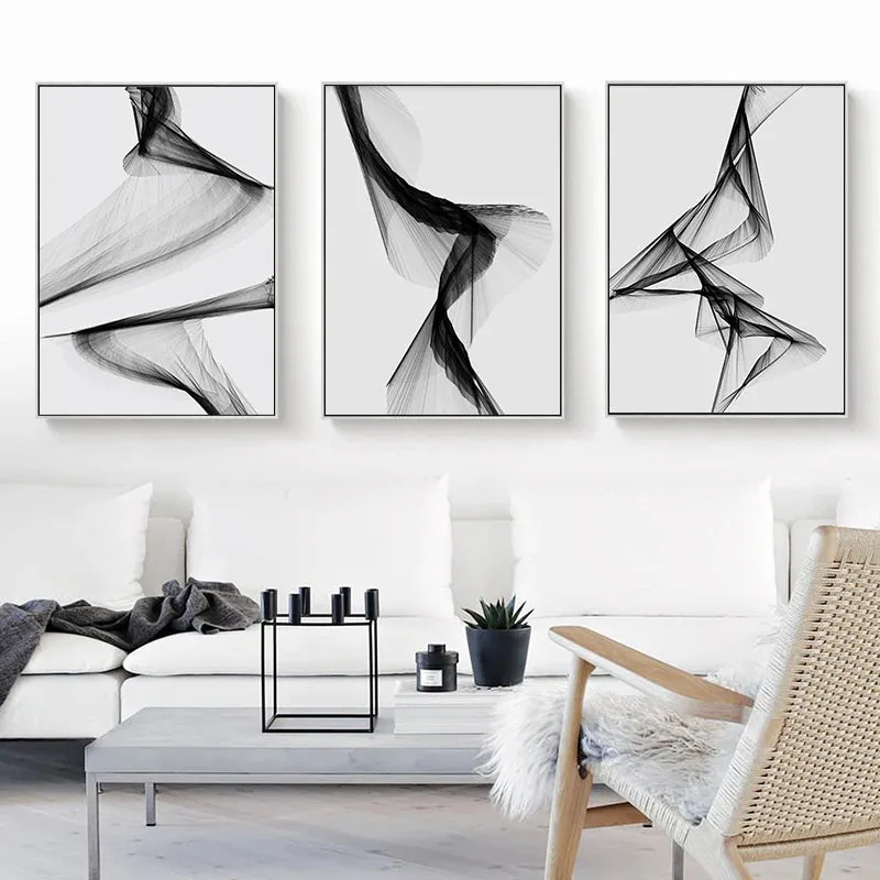 Modern Abstract Minimalist Geometric Flowing Lines Wall Art Fine Art Canvas Prints Black White Pictures For Modern Apartment Living Room Decor