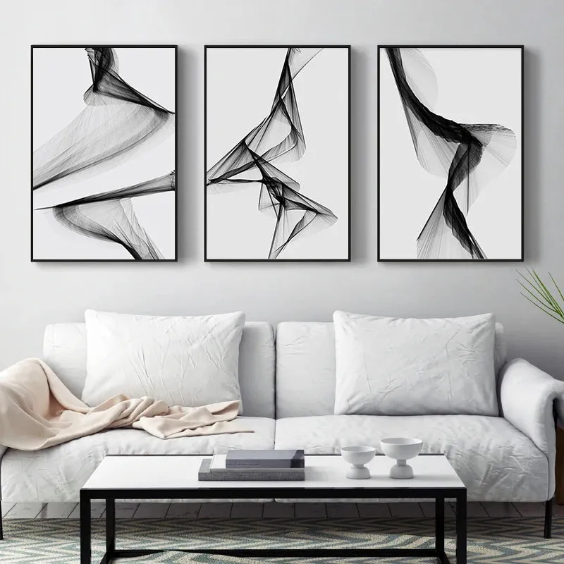 Modern Abstract Minimalist Geometric Flowing Lines Wall Art Fine Art Canvas Prints Black White Pictures For Modern Apartment Living Room Decor