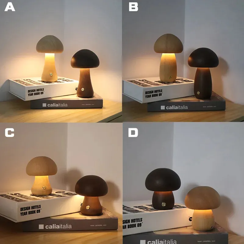 Touch Switch Wooden Mushroom LED Night Lamp