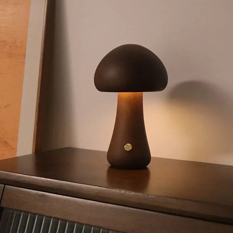 Touch Switch Wooden Mushroom LED Night Lamp