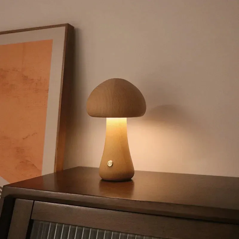 Touch Switch Wooden Mushroom LED Night Lamp