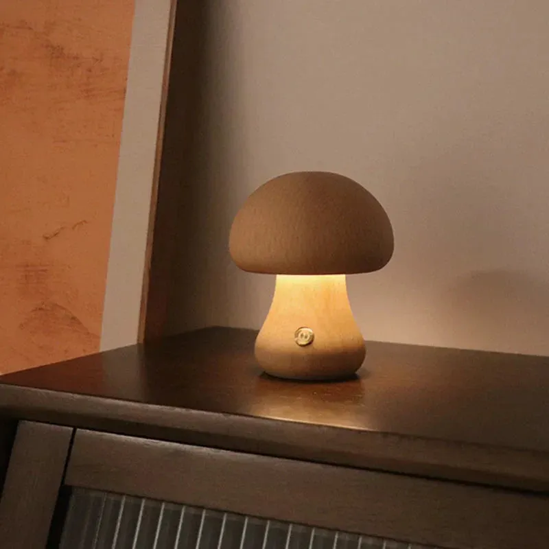 Touch Switch Wooden Mushroom LED Night Lamp