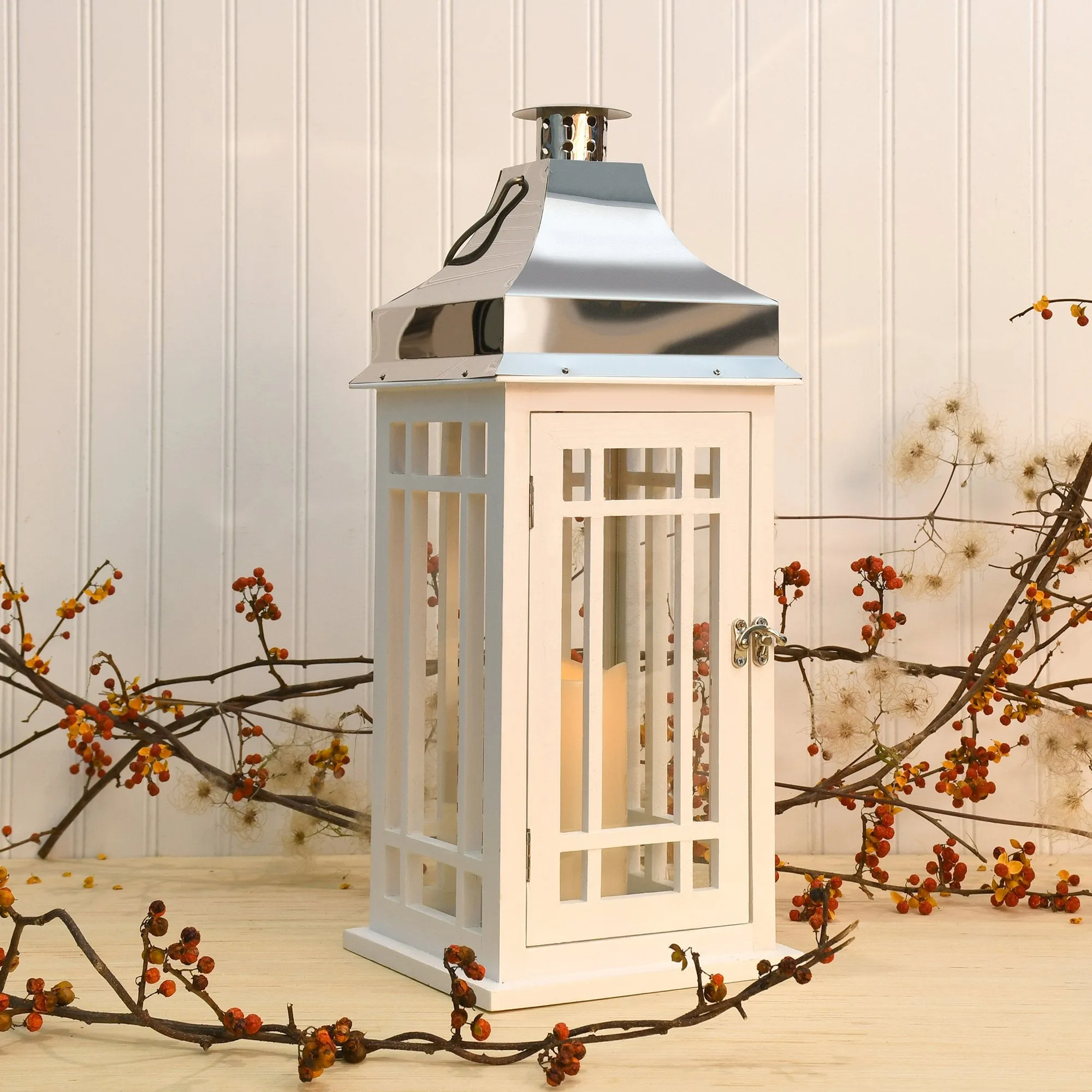 White Wooden Lantern with Chrome Roof and LED Candle