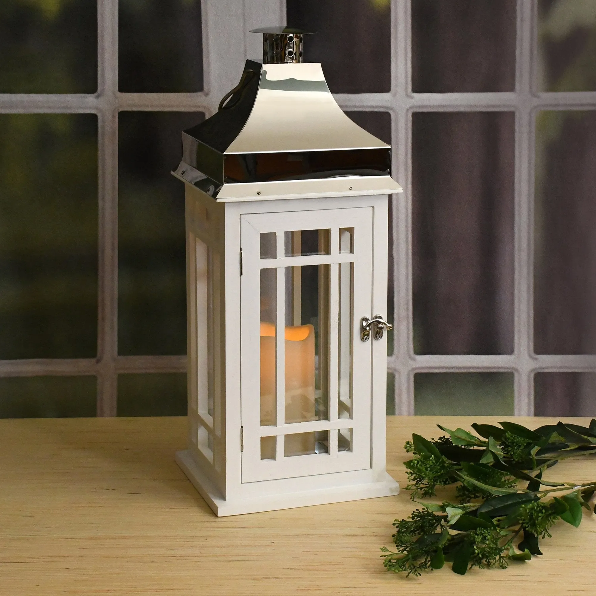 White Wooden Lantern with Chrome Roof and LED Candle