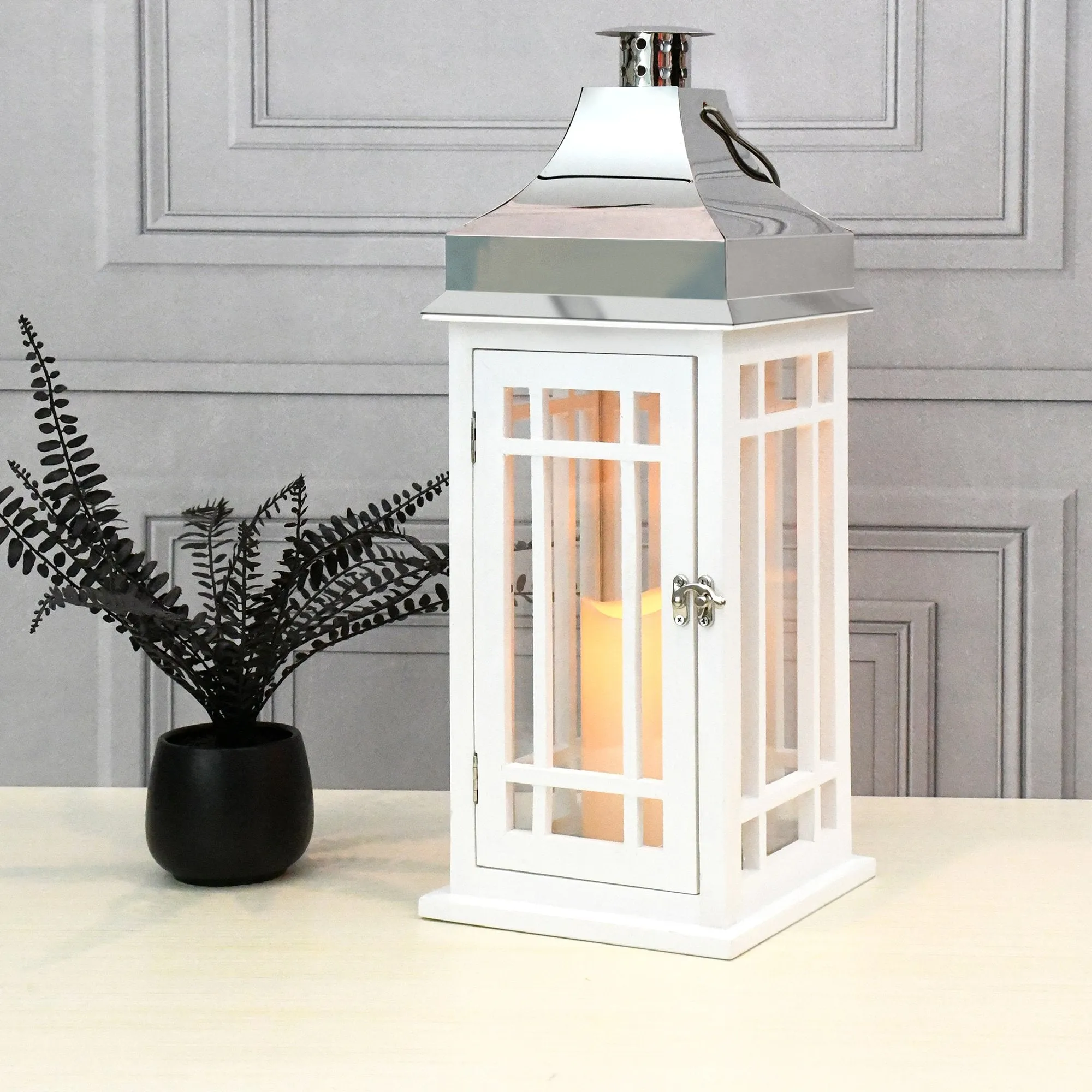 White Wooden Lantern with Chrome Roof and LED Candle