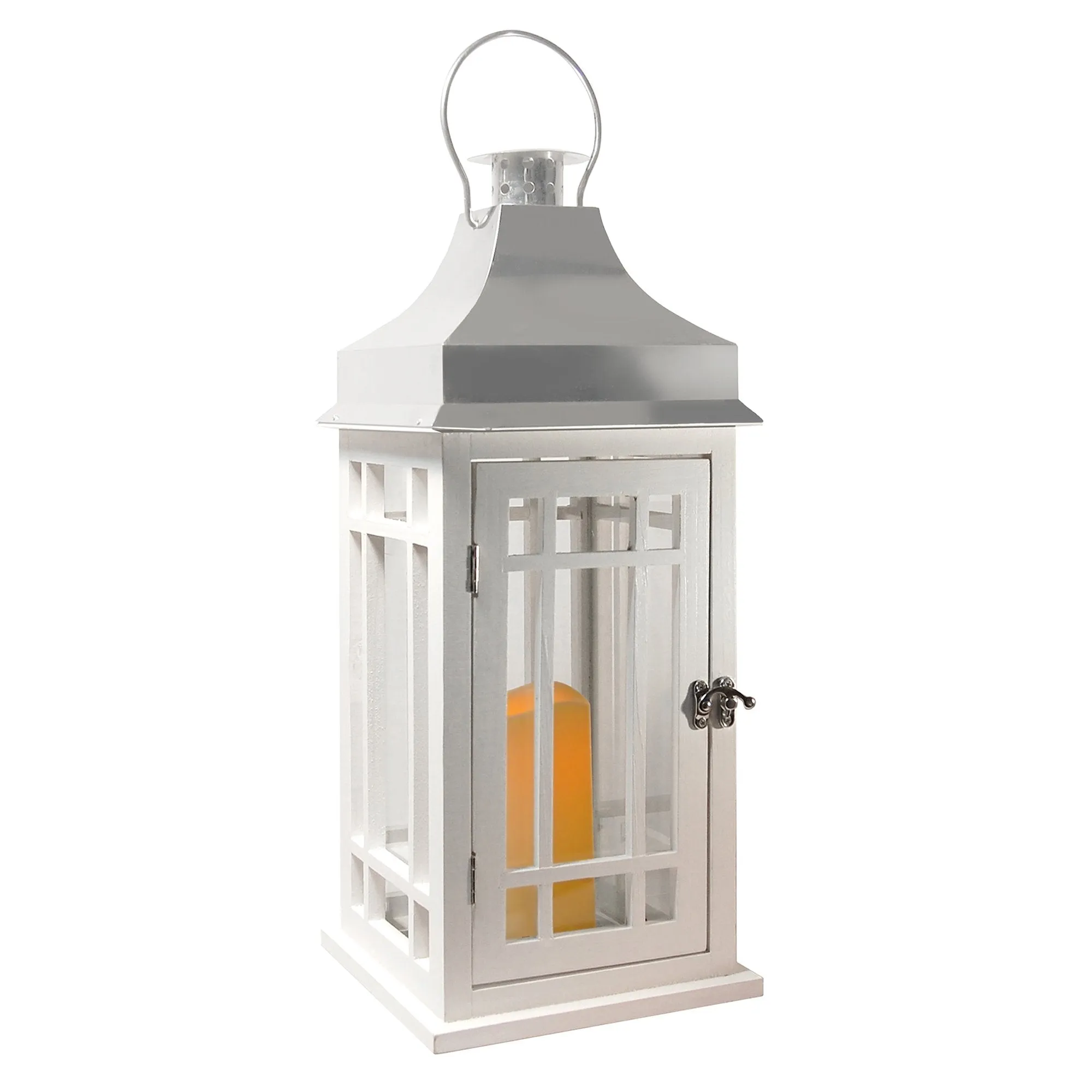 White Wooden Lantern with Chrome Roof and LED Candle